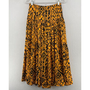 IRKA Skirt M Peasant Maxi Geometric Shirred Wide Waistband Pull On Orange VTG